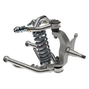 g-Machine front suspension system for Mustang chassis builds, showcasing idler arm relocation, steering rack, and performance shocks designed for maximum cornering grip.