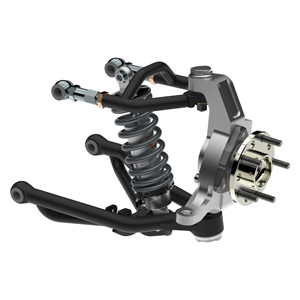 Ultimate Pro-Touring front suspension upgrade for classic Mustang, including billet spindles, coilovers, and reinforced components for superior track-ready stability.