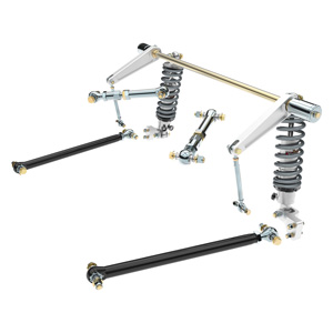Canted 4-Link rear suspension option for Mustang weld-in chassis, featuring adjustable control arms and coilover mounts for optimized traction and ride quality.