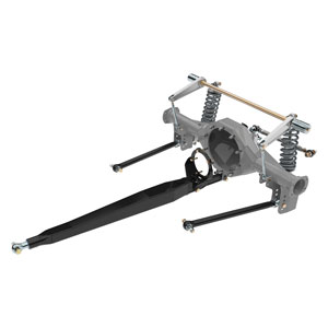 Torque Arm with Watts Link rear suspension setup for pro-touring chassis, showing torque arm, lateral locator, and driveshaft loop for precise power delivery and stability.