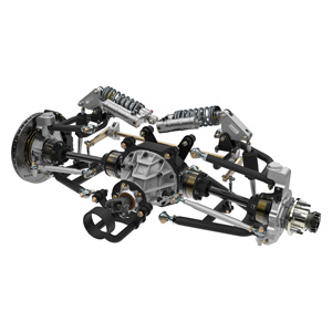 Independent Rear Suspension (IRS) option for 1964-70 Mustang chassis, illustrating rocker arms, half-shafts, and differential cradle for smooth, independent wheel travel.