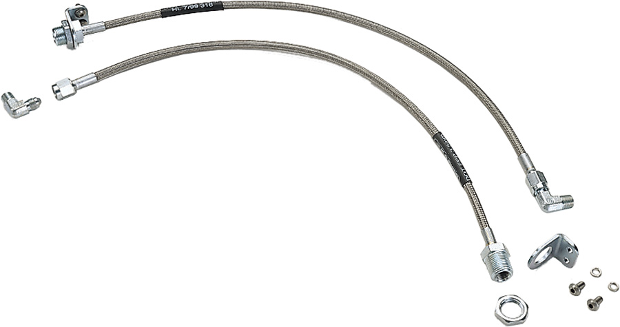 Stainless braided brake line product image showing a curved, flexible hose with metal fittings and end connectors, designed for classic Ford brake systems.