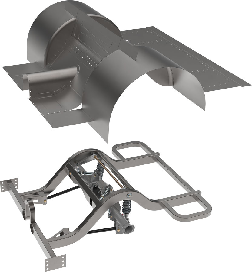 Weld-in rear frame clip installed on a 1964-70 Mustang, showcasing enhanced chassis reinforcement for street and track performance.