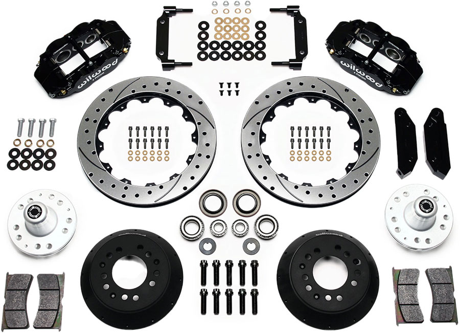 Wilwood Forged Narrow Superlite 6R front big brake kit with 12.88-inch drilled and slotted rotors for 1970-1973 Ford Mustang - black 6-piston calipers, hubs, and hardware - SKU WW 140-10220-D