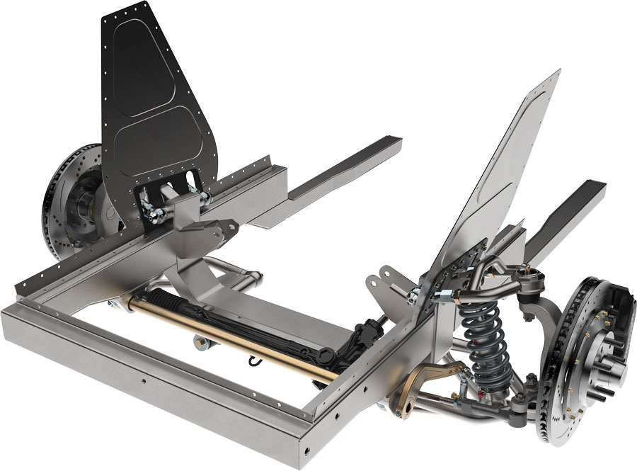 Total Control Products weld-in front frame clip system for 1964-1970 Mustang and Cougar, featuring g-Machine double A-arm suspension, rack-and-pinion steering, and disc brakes for pro-touring upgrades.